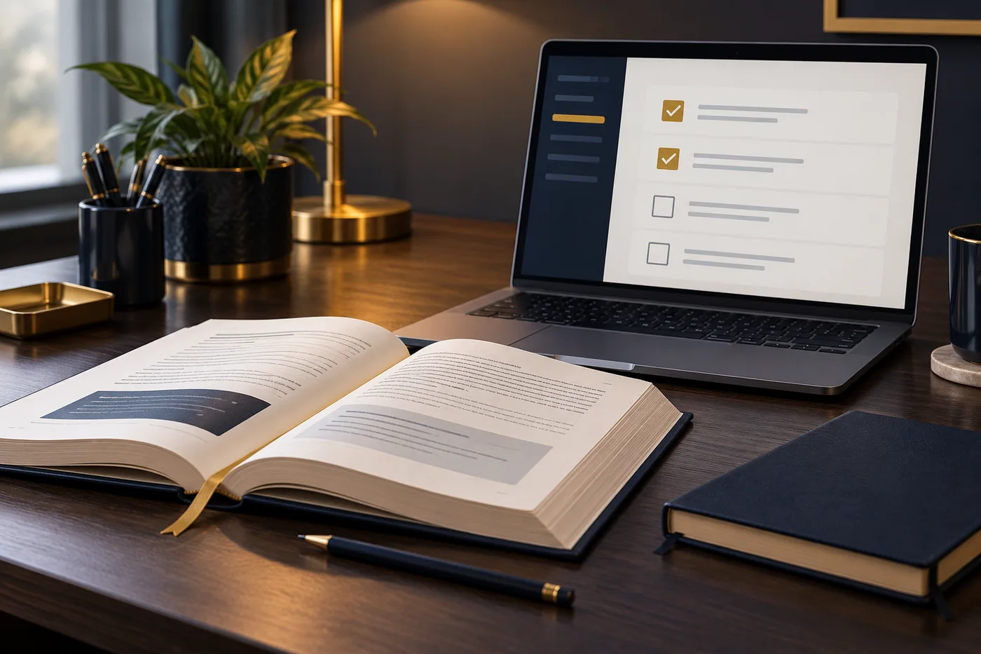 A focused study desk with a textbook and checklist