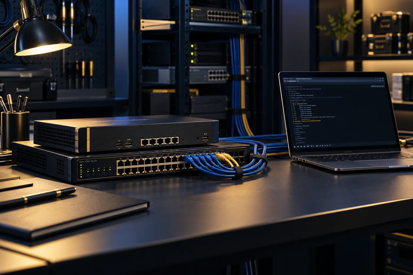 An empty practical lab with firewall and network equipment